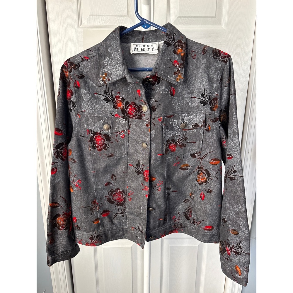 Keren Hart Womens Grey‎ Burnout Floral Button Front Trucker Jacket Red Orange L